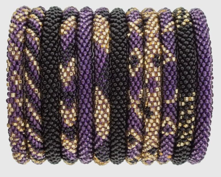 Beaded Roll-On Bracelets, Purple and Gold Mix