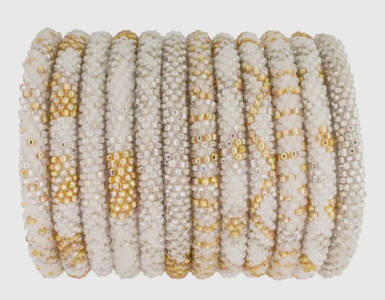 Beaded Roll-On Bracelets, White and Gold Mix