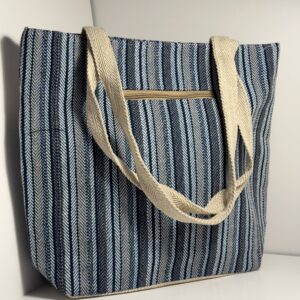 Indigo and cream striped hemp tote bag from Nepal, view 1