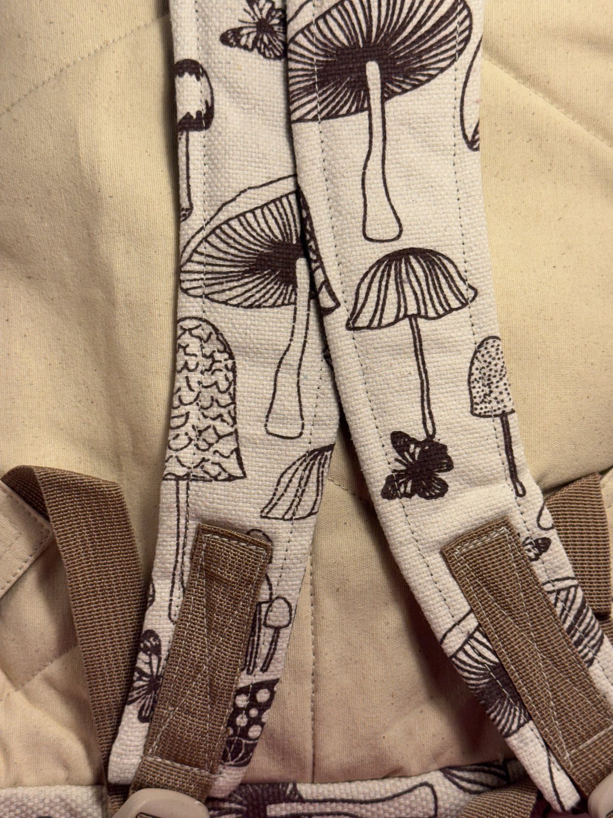 Cream canvas backpack hand block printed with mushrooms, view 3