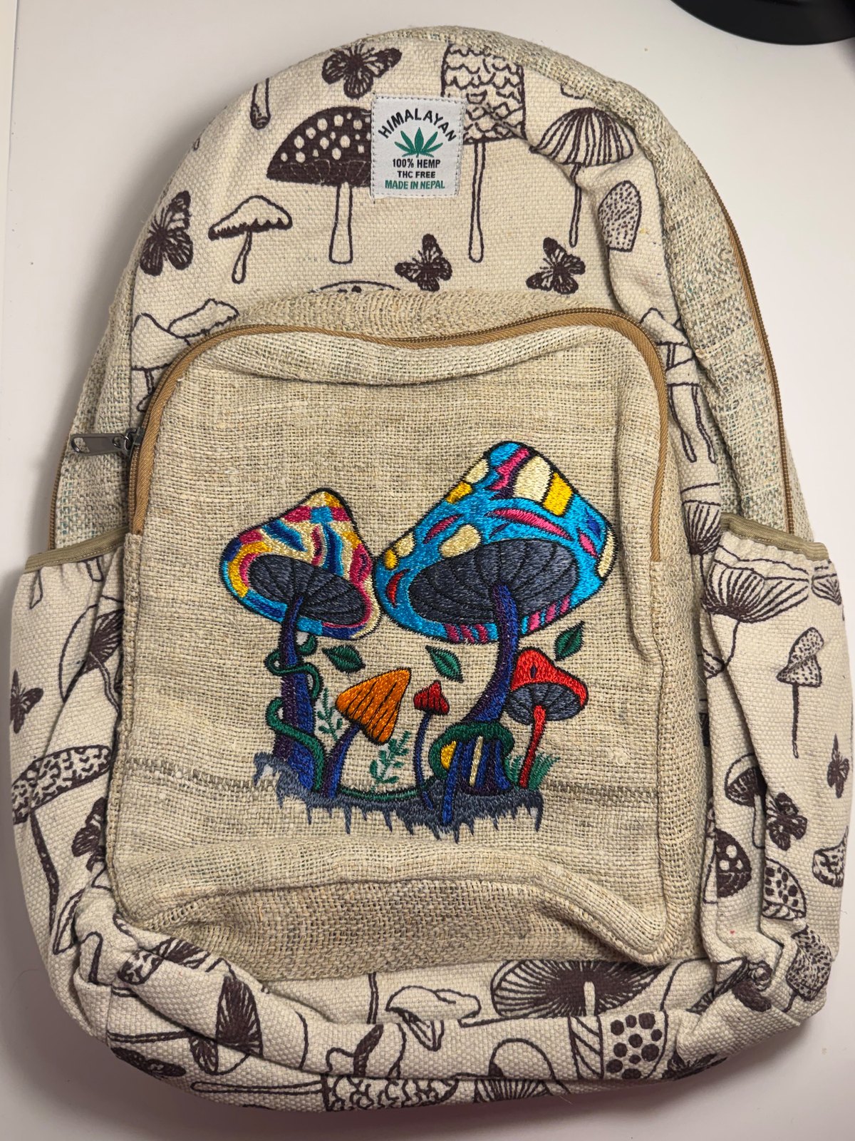 Cream canvas backpack hand block printed with mushrooms, view 4