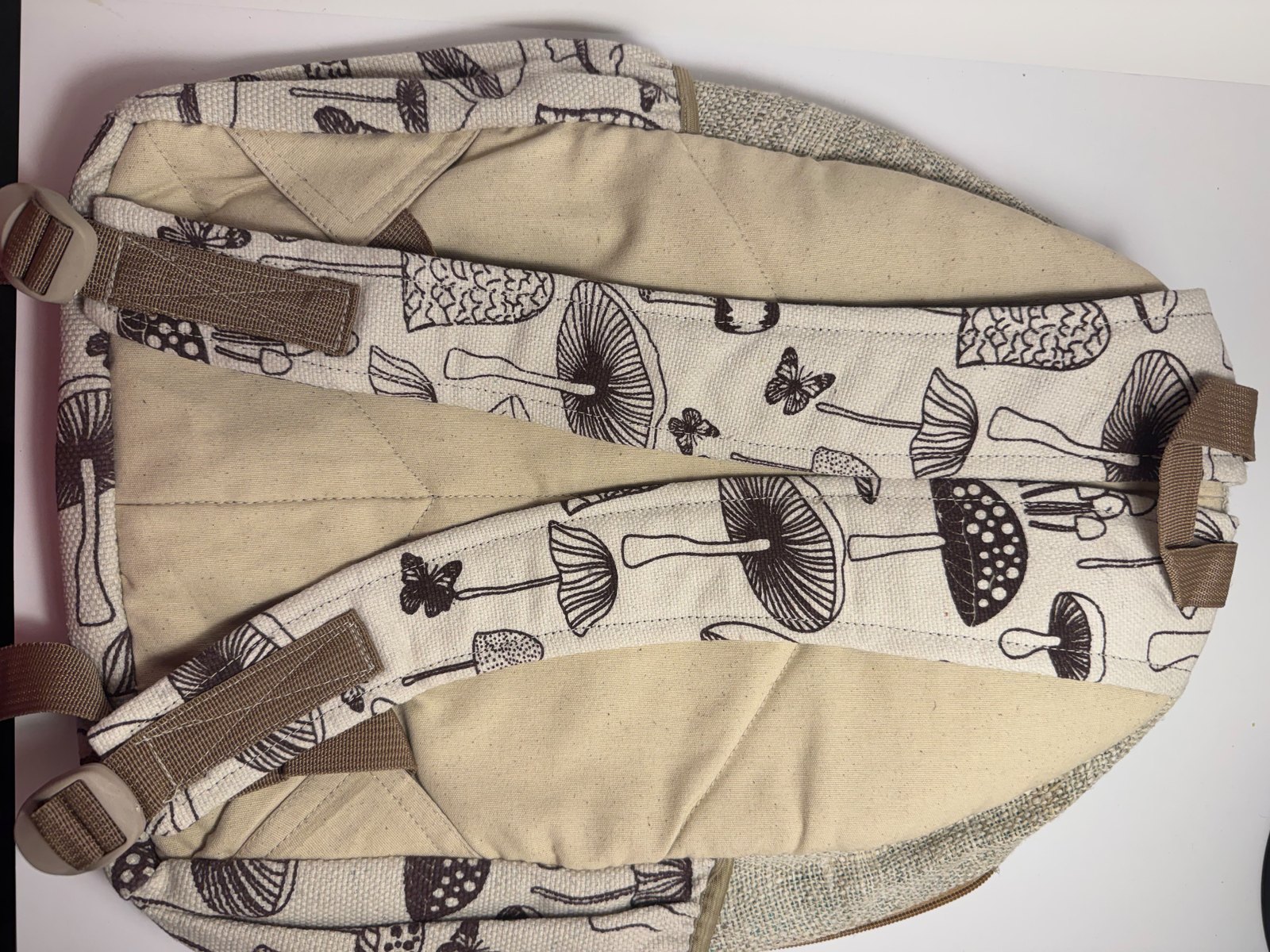 Cream canvas backpack hand block printed with mushrooms, view 5
