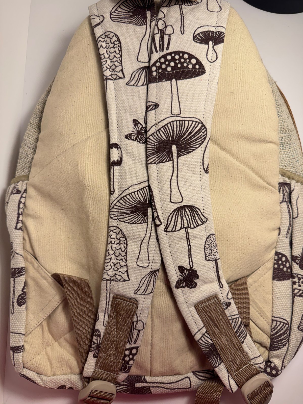 Cream canvas backpack hand block printed with mushrooms, view 7