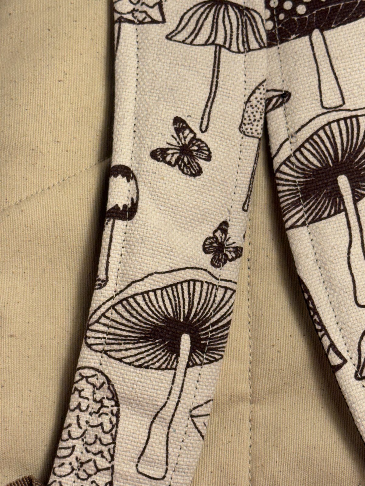 Cream canvas backpack hand block printed with mushrooms, view 8