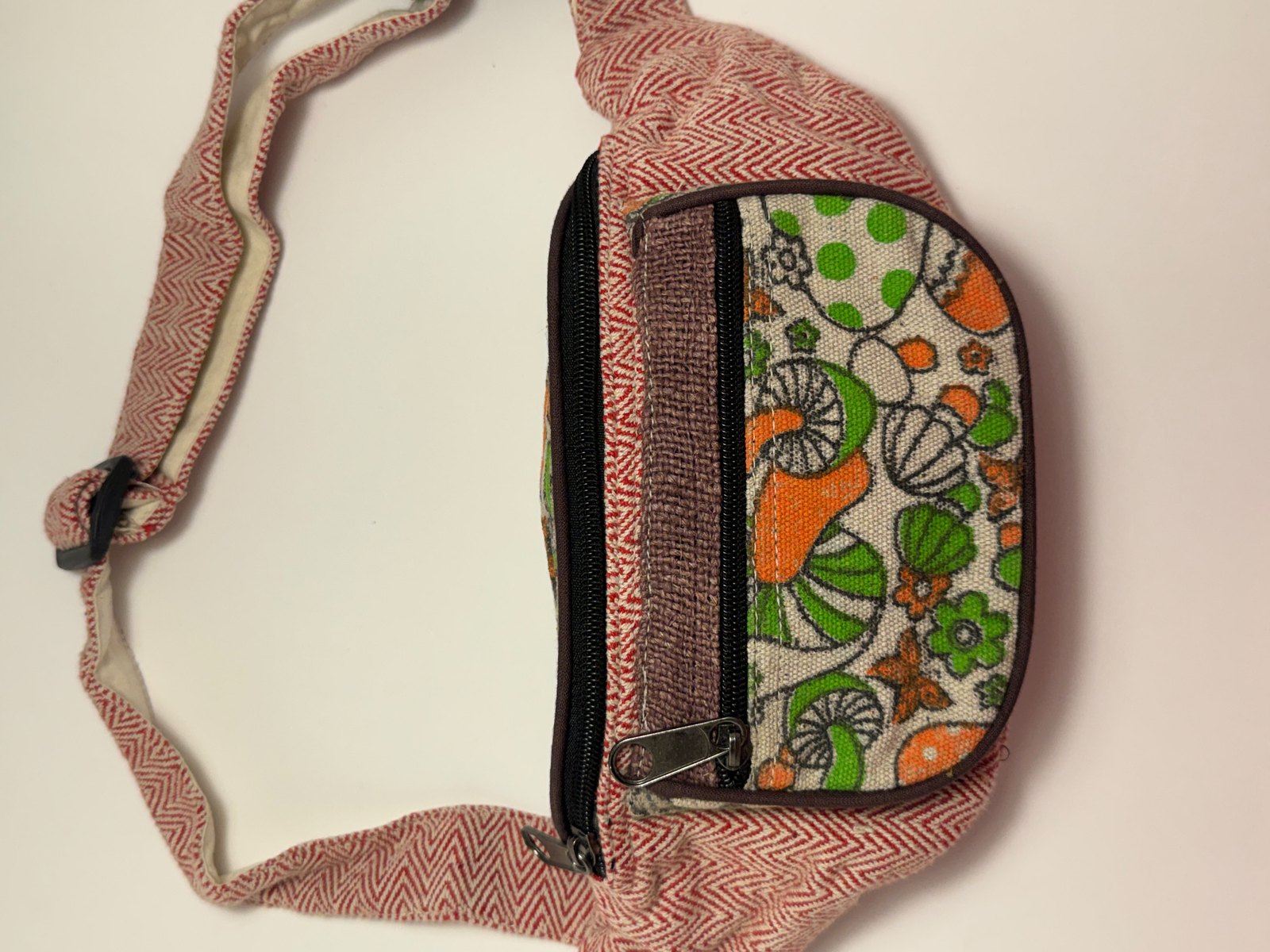 Coral herringbone hemp fanny pack with floral cotton lining, view 2