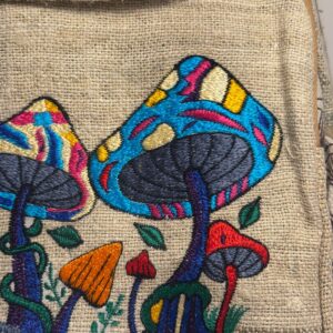 Natural hemp backpack with multicolour mushroom applique