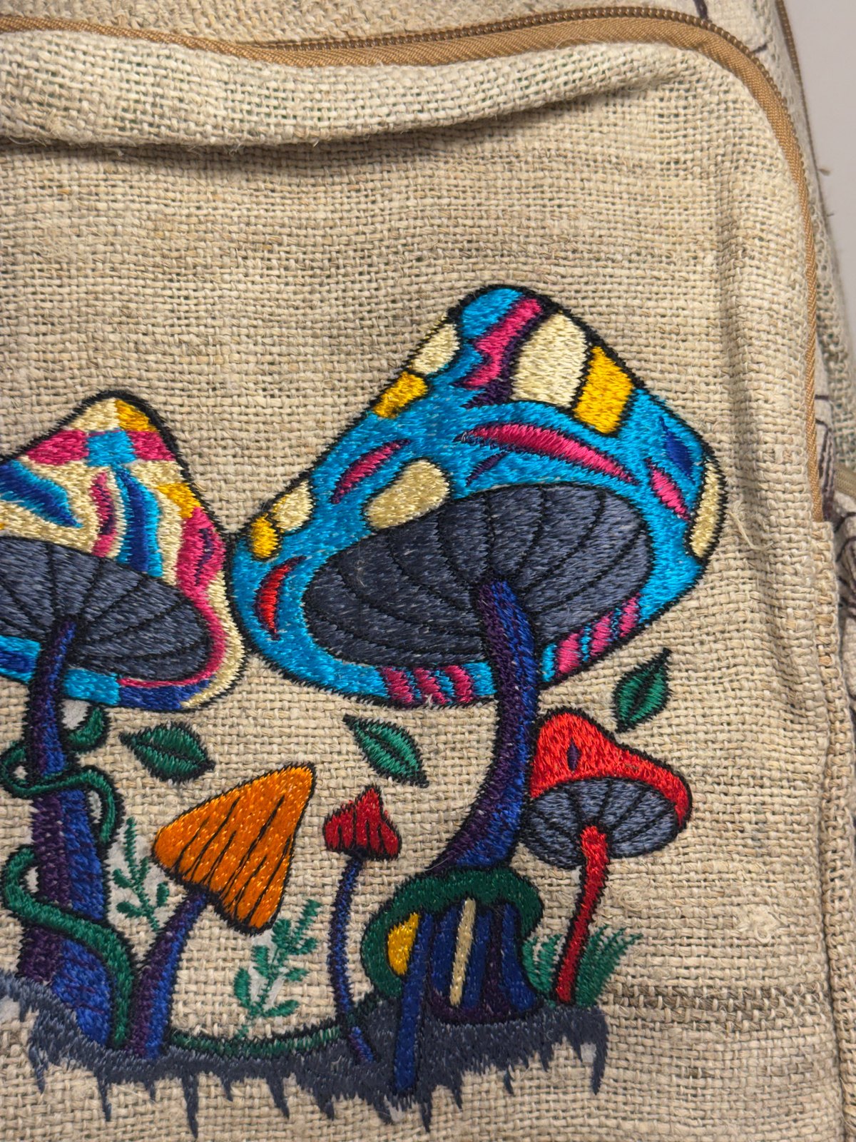 Natural hemp backpack with multicolour mushroom applique