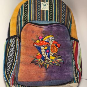 Hand dyed sunset hemp backpack with embroidered mushrooms, view 1