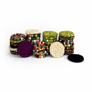 Handmade felt ball trivet and coaster set, view 1