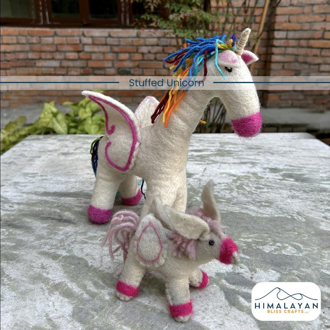 Handmade felt unicorn plush set with rainbow mane, view 3