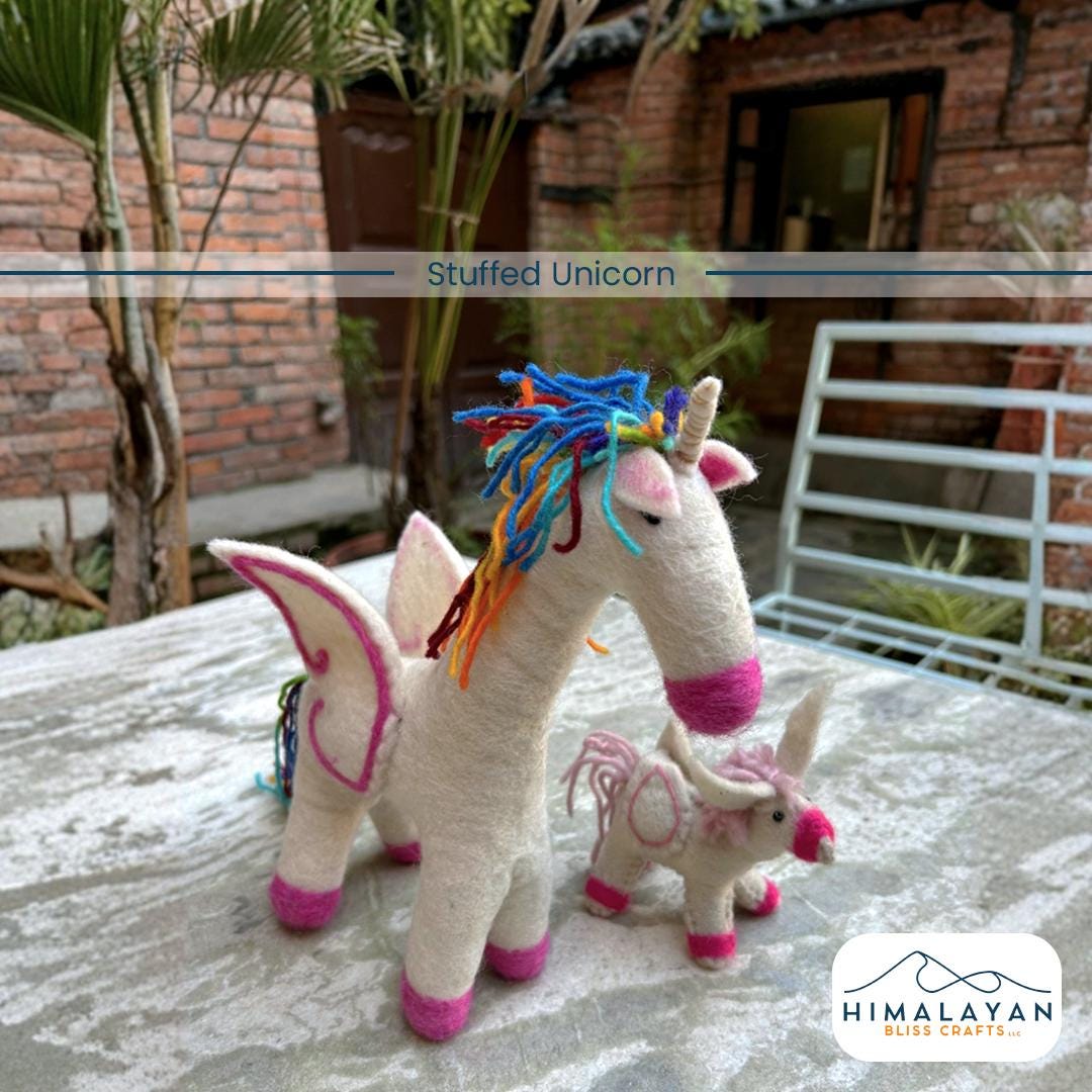 Handmade felt unicorn plush set with rainbow mane, view 1