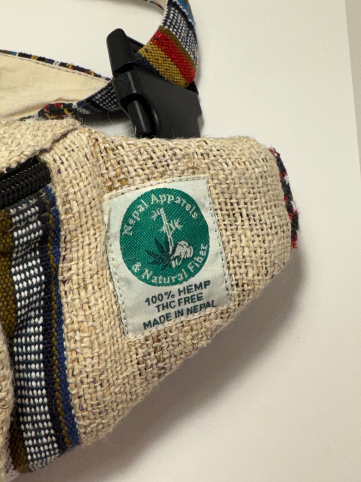 Undyed natural hemp waist bag with woven trim, view 1