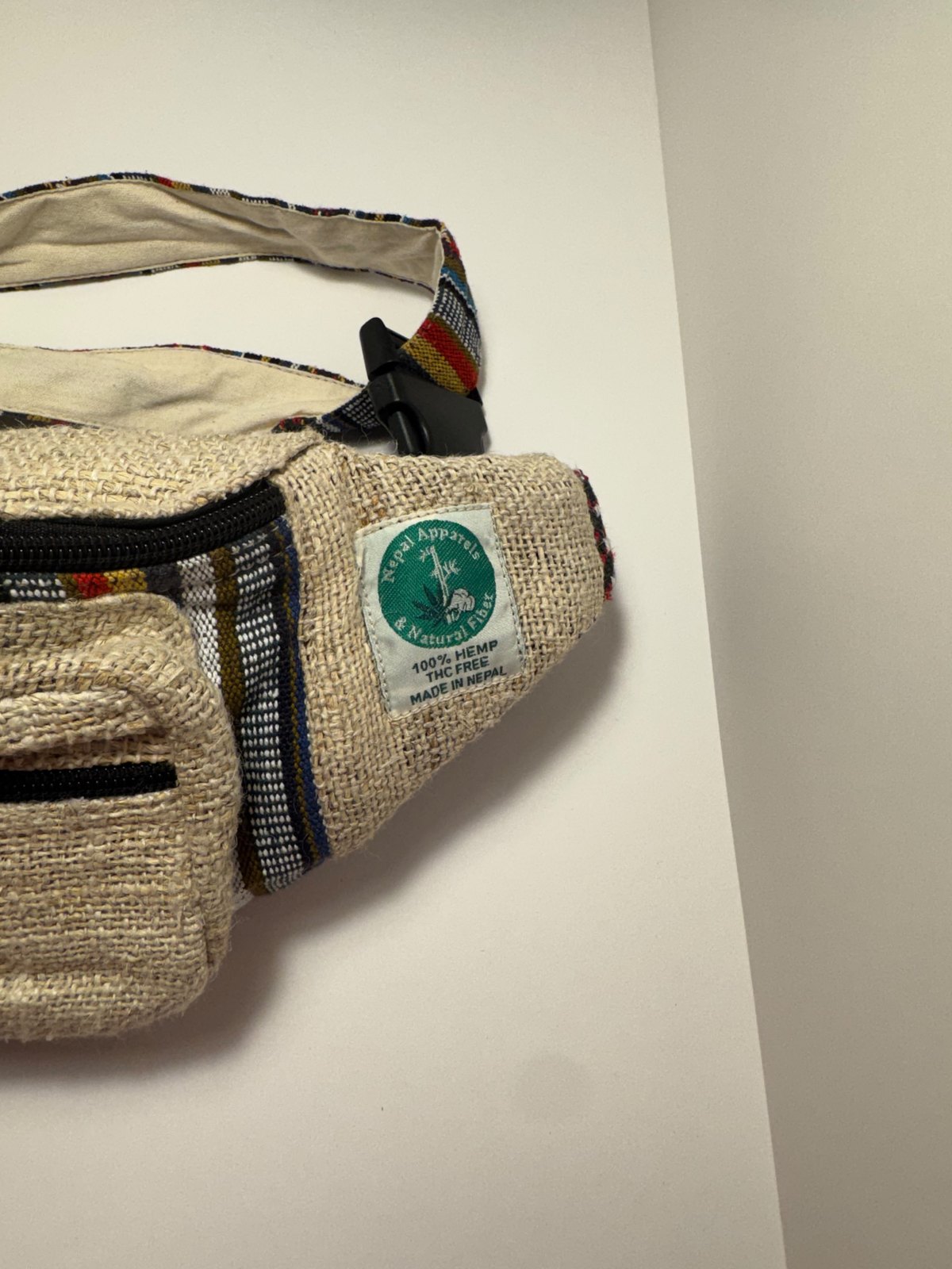 Undyed natural hemp waist bag with woven trim, view 2
