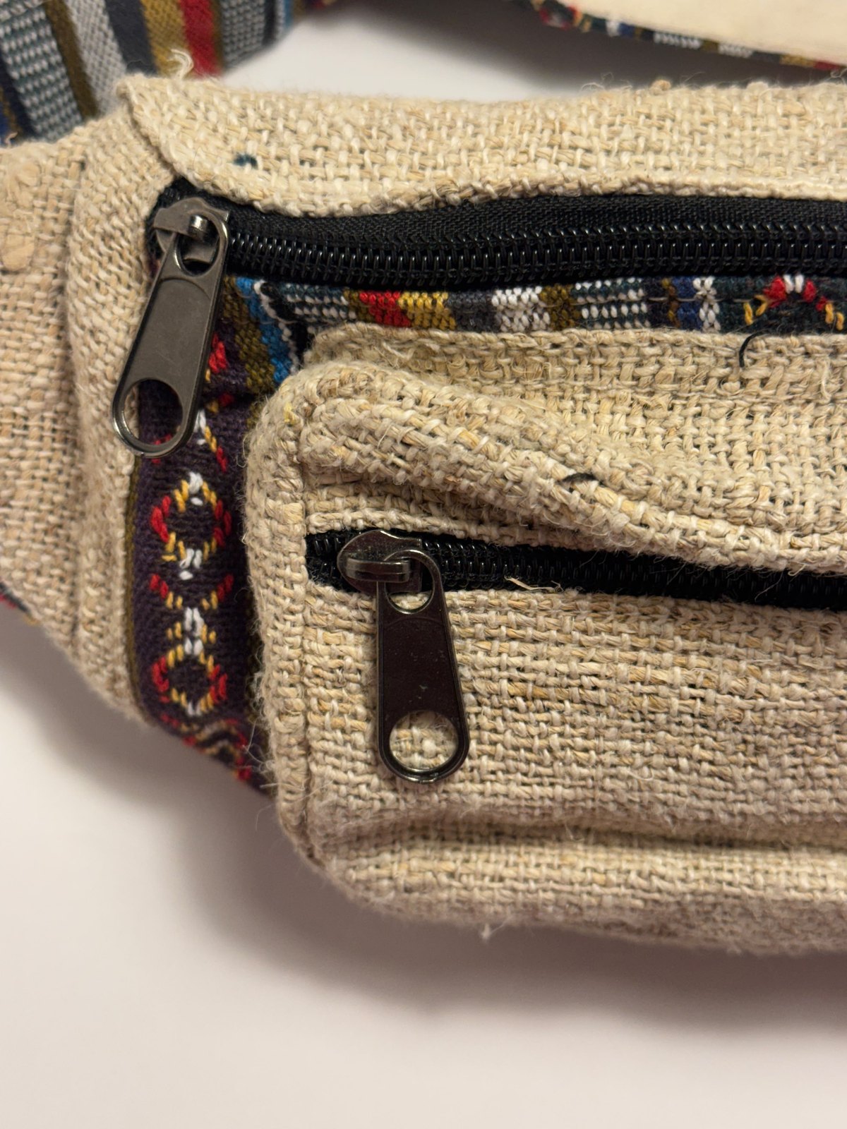 Undyed natural hemp waist bag with woven trim, view 3