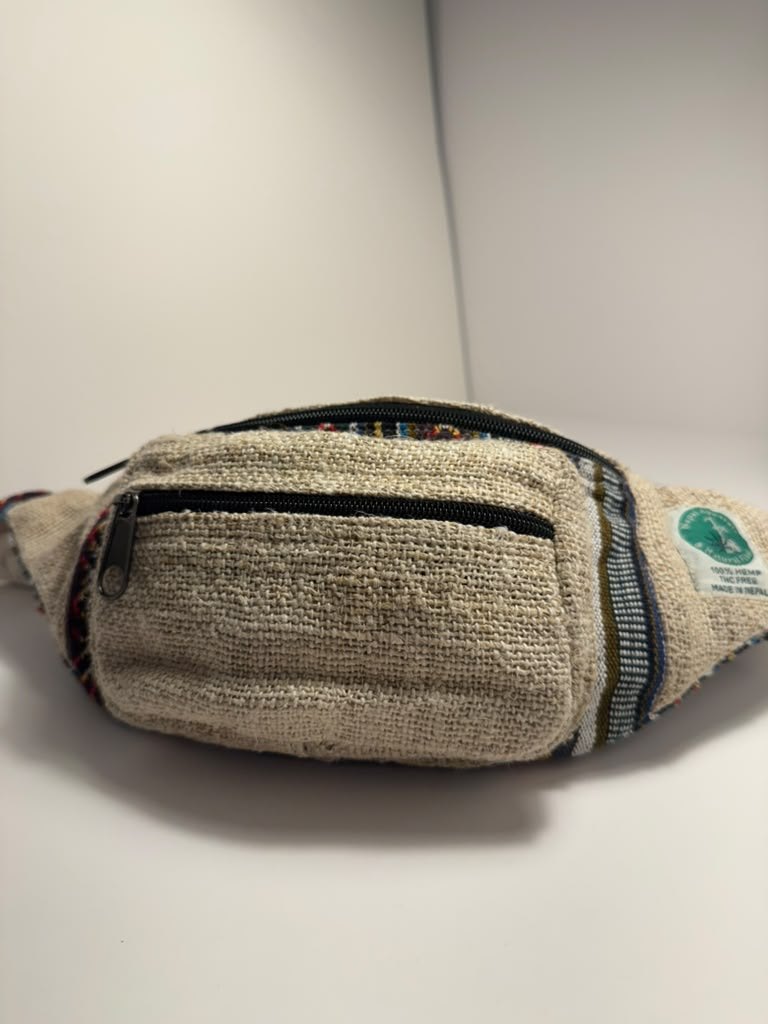 Undyed natural hemp waist bag with woven trim, view 4