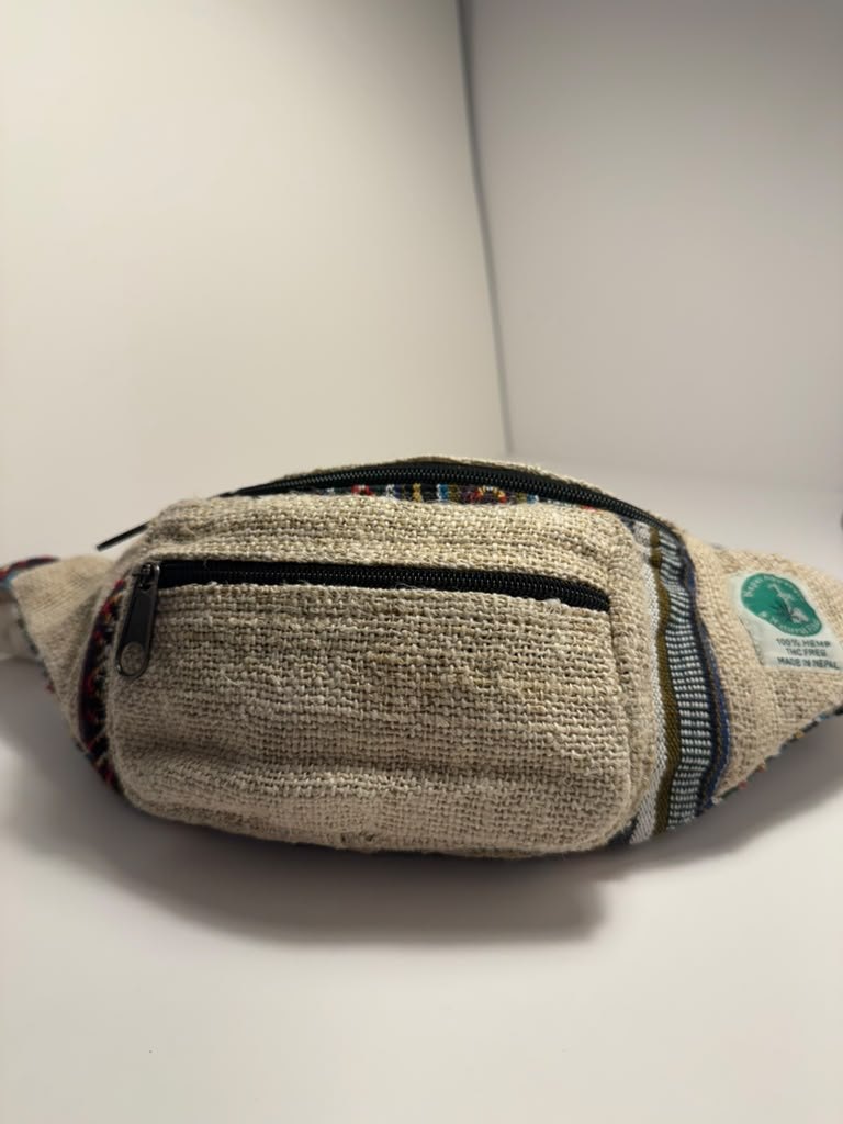 Undyed natural hemp waist bag with woven trim, view 5