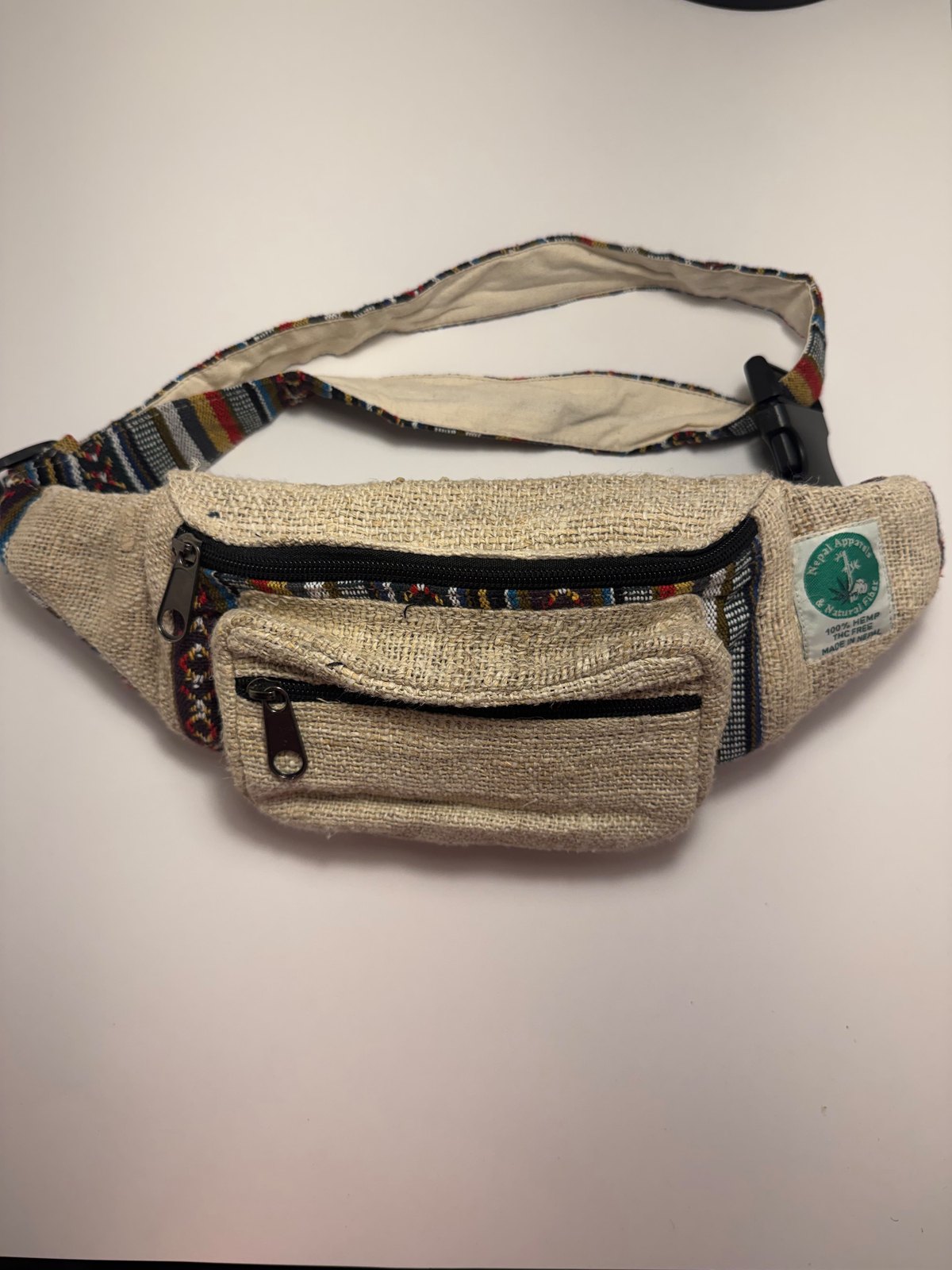 Undyed natural hemp waist bag with woven trim, view 6