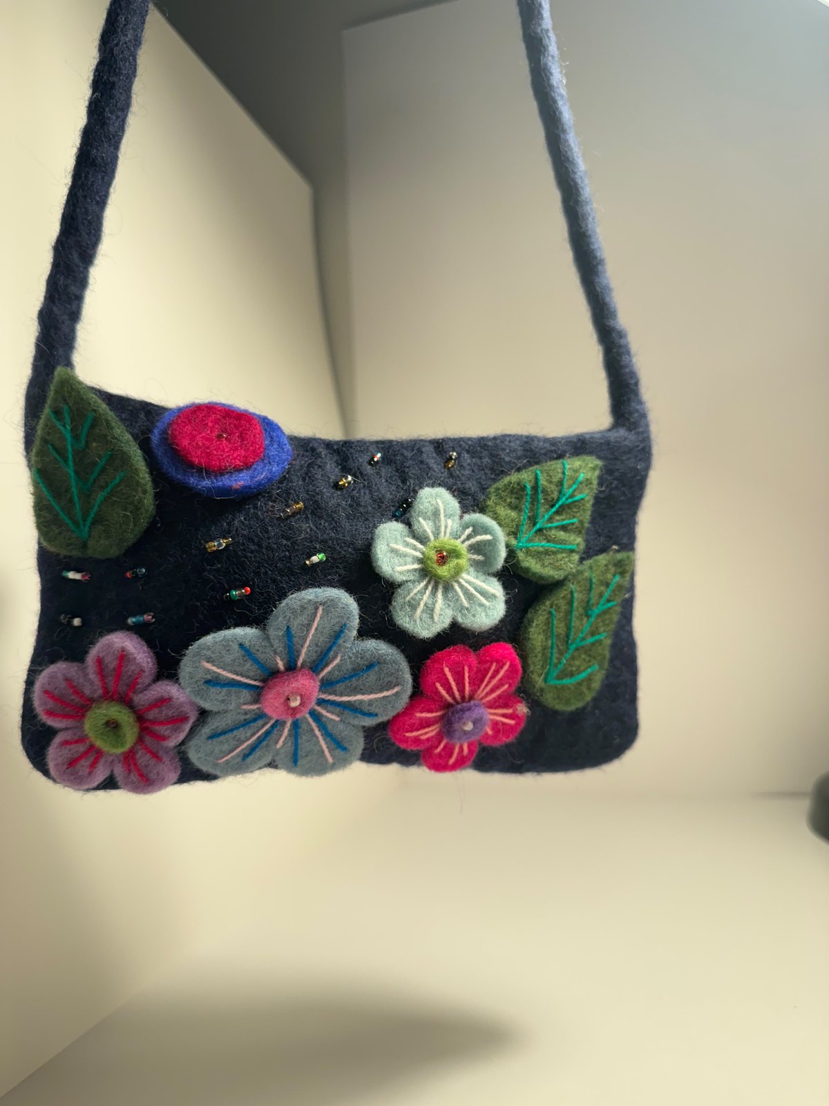 Navy wool felt shoulder bag with hand stitched felt flowers, view 7