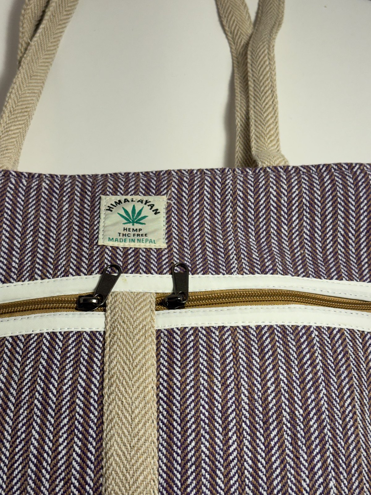 Mauve herringbone hemp tote bag with webbing handles, view 1