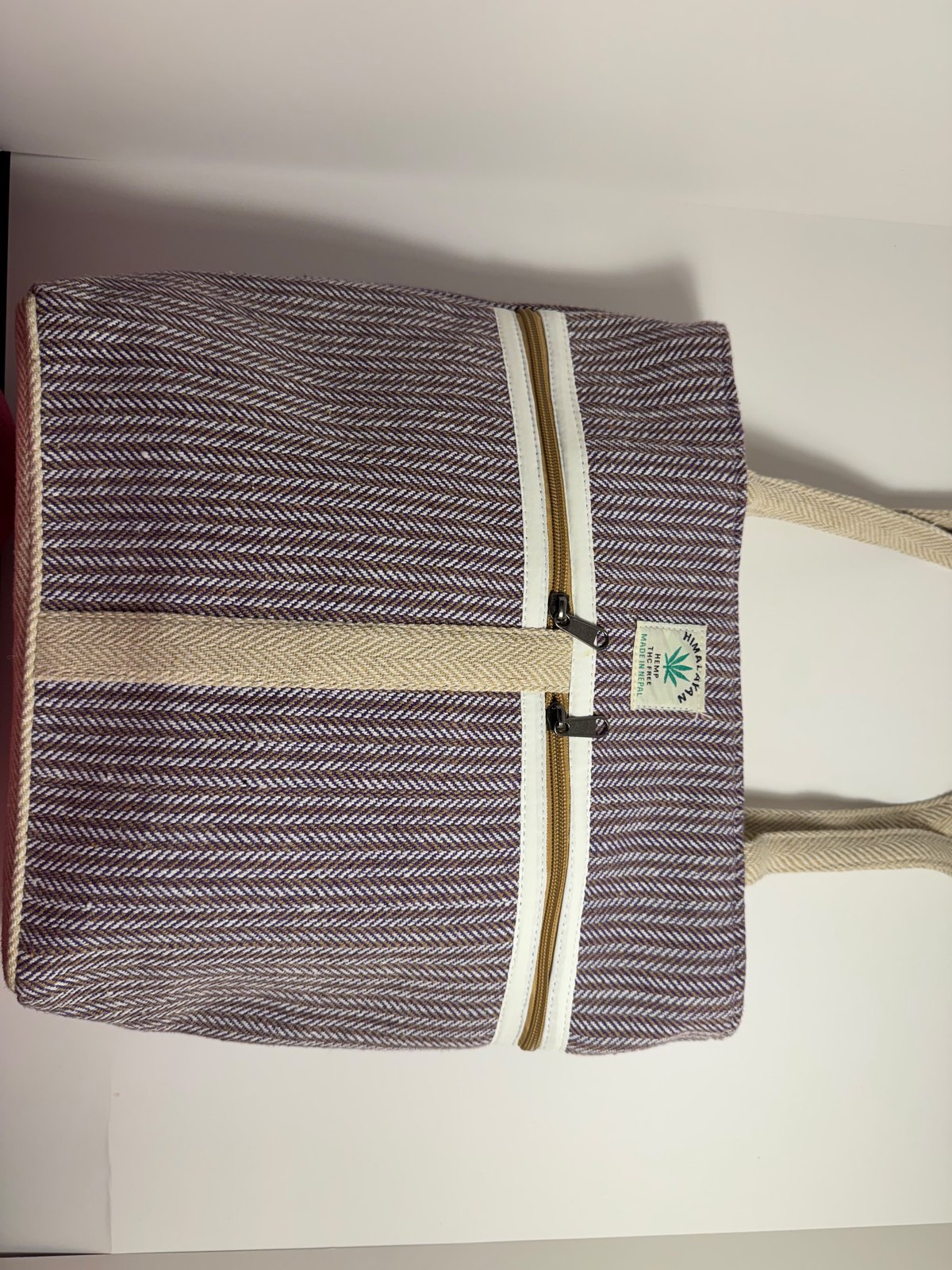 Mauve herringbone hemp tote bag with webbing handles, view 2