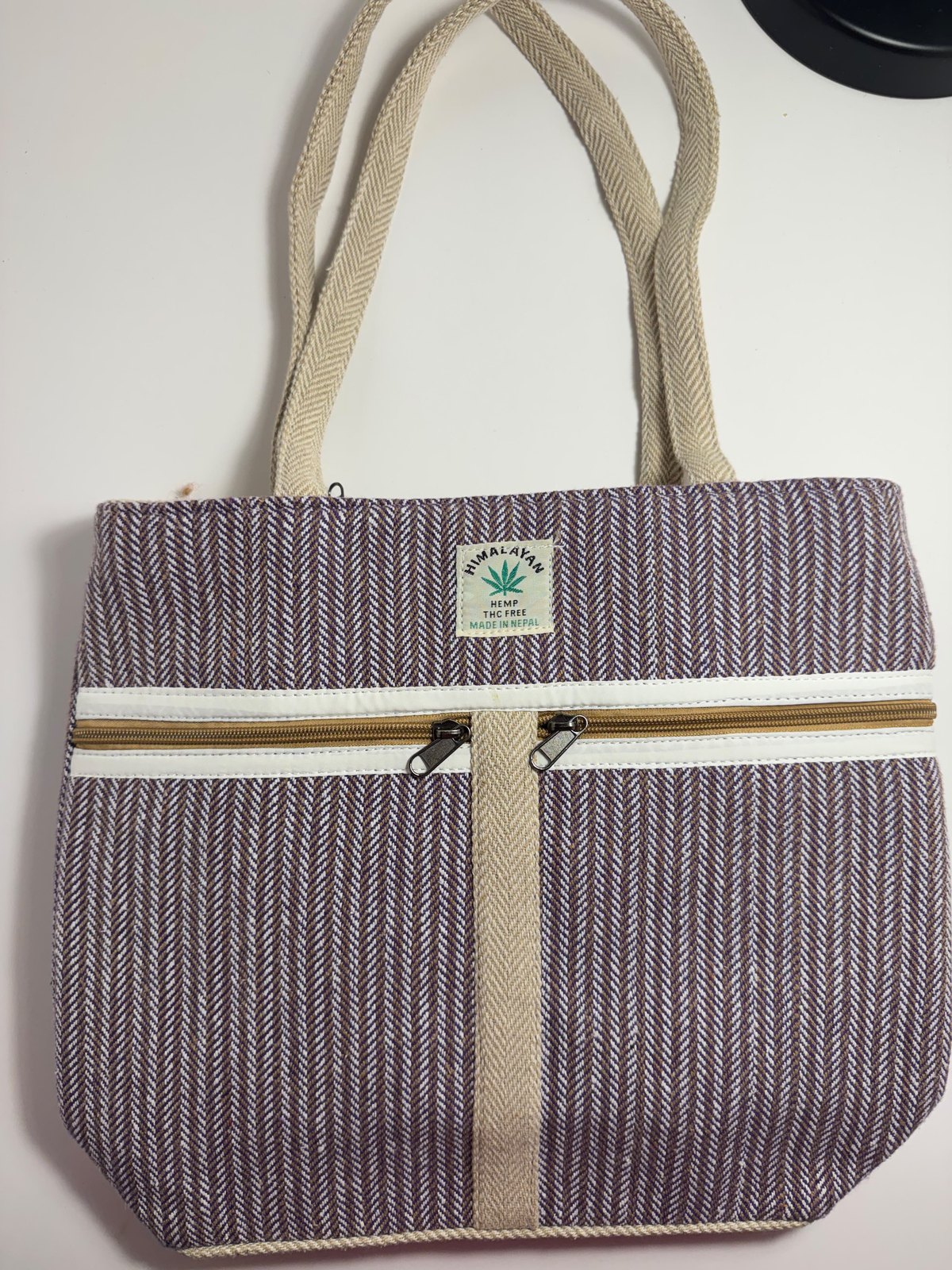 Mauve herringbone hemp tote bag with webbing handles, view 3