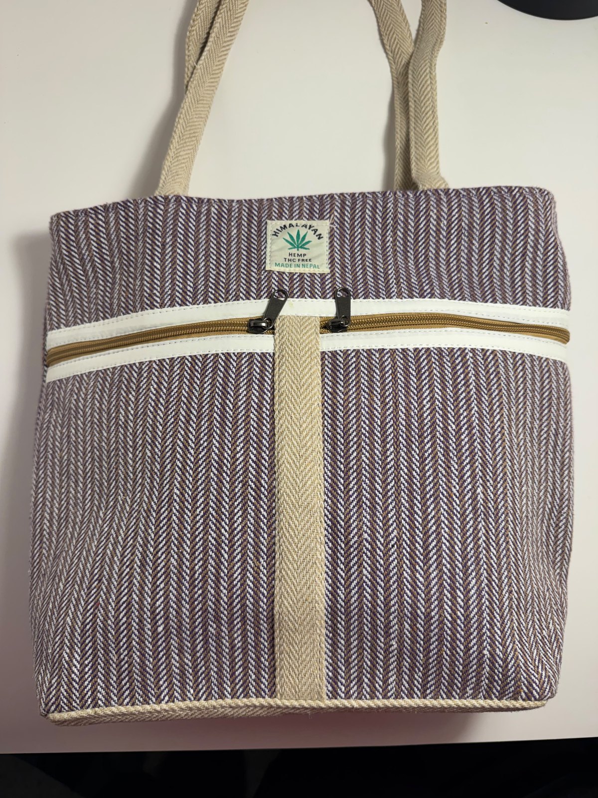 Mauve herringbone hemp tote bag with webbing handles, view 4