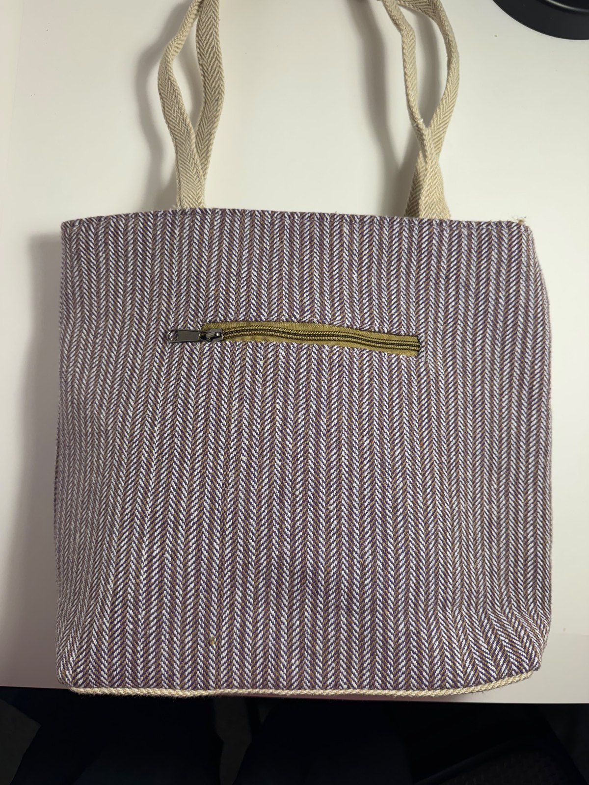 Mauve herringbone hemp tote bag with webbing handles, view 5