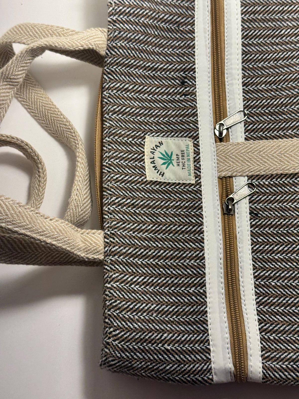 Mauve herringbone hemp tote bag with webbing handles, view 6