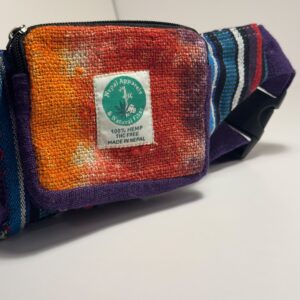 Hand tie dyed orange and purple hemp fanny pack, view 1