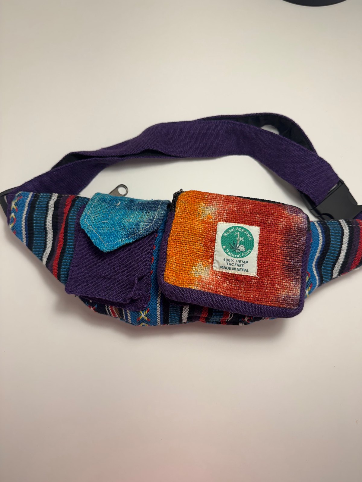 Hand tie dyed orange and purple hemp fanny pack, view 2