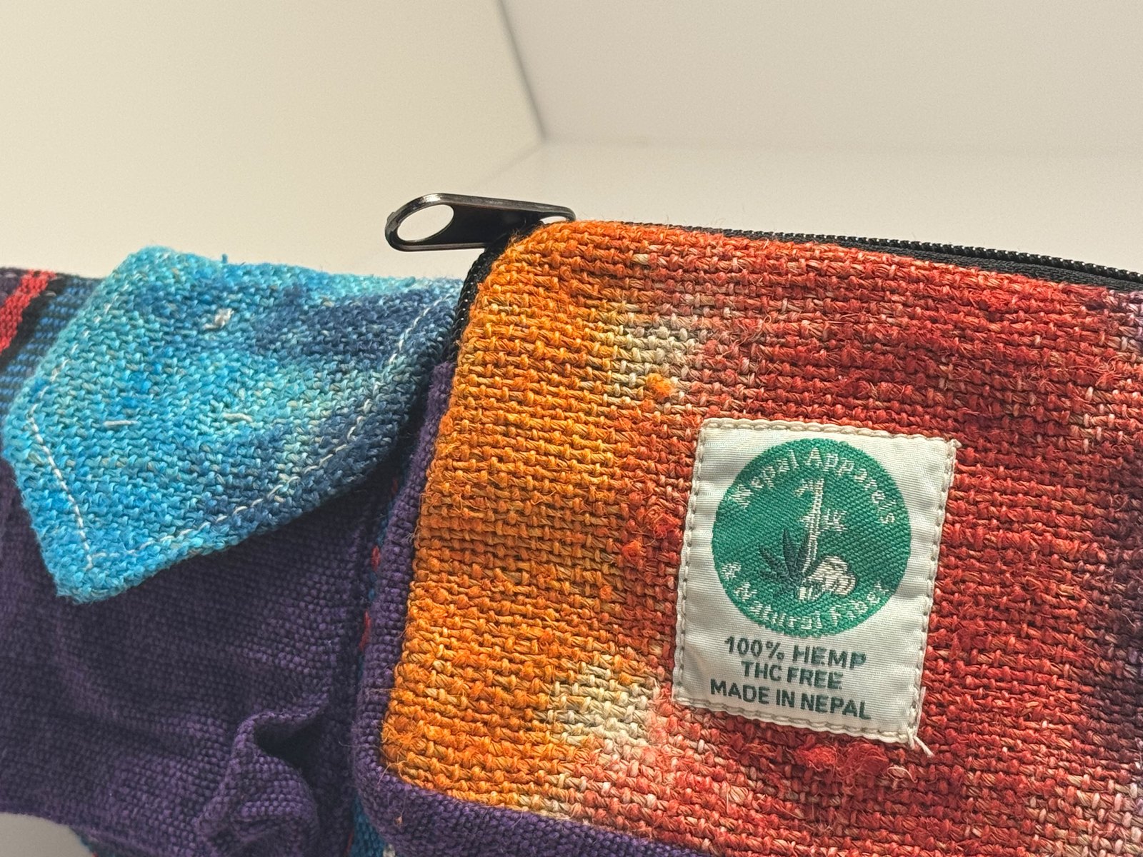 Hand tie dyed orange and purple hemp fanny pack, view 3