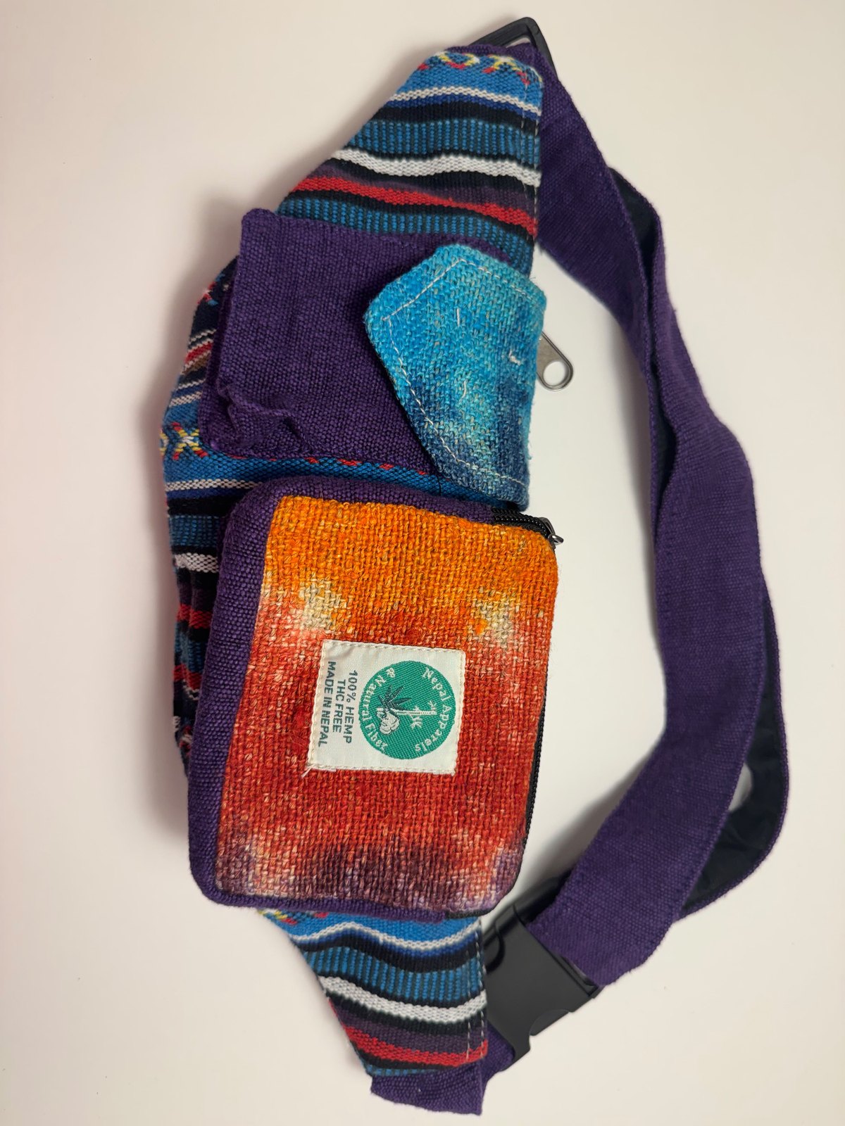 Hand tie dyed orange and purple hemp fanny pack, view 4