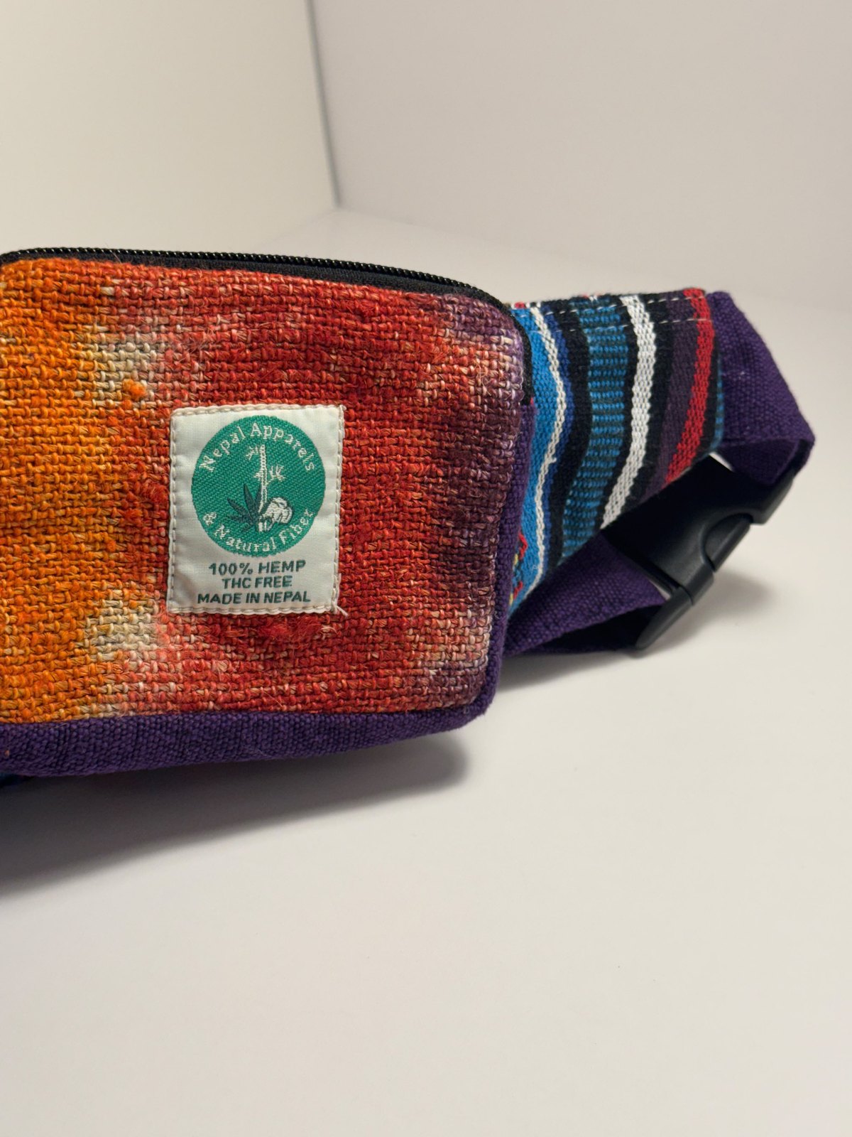 Hand tie dyed orange and purple hemp fanny pack, view 5