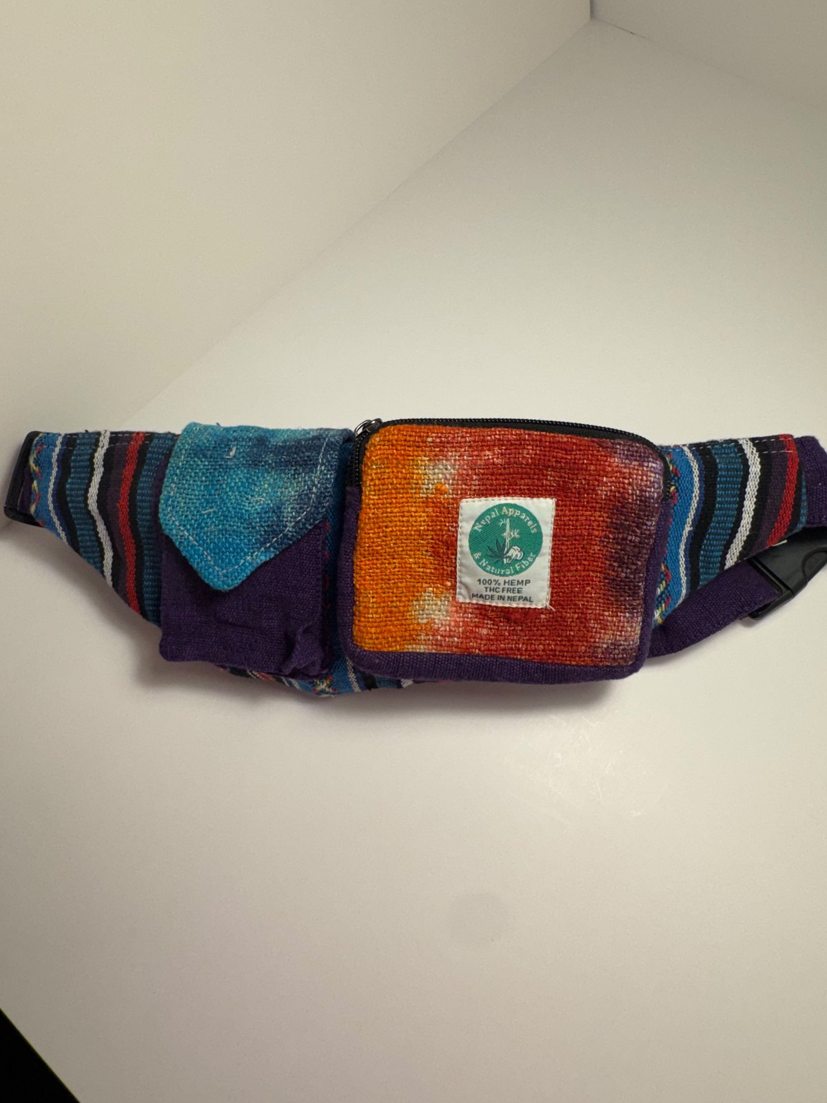 Hand tie dyed orange and purple hemp fanny pack, view 6
